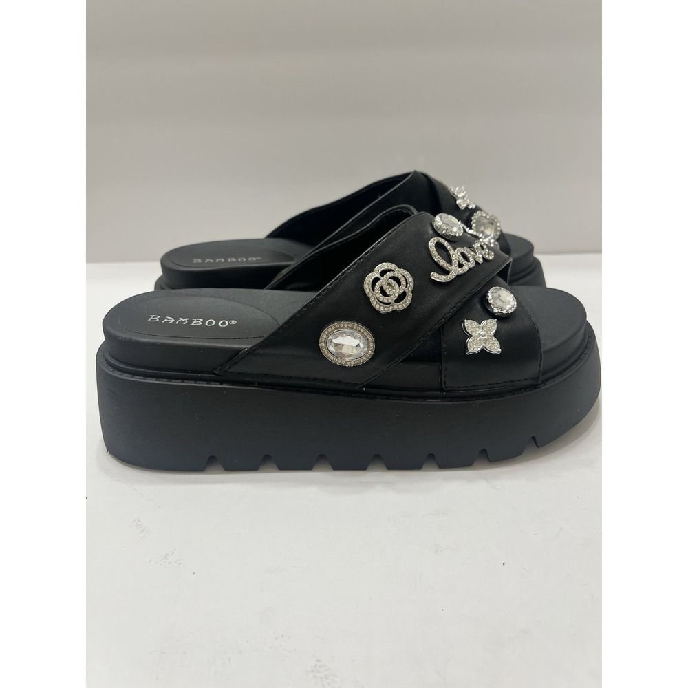 Bamboo Platform Slide Sandals Rhinestone Charms Love Flowes Women's 8